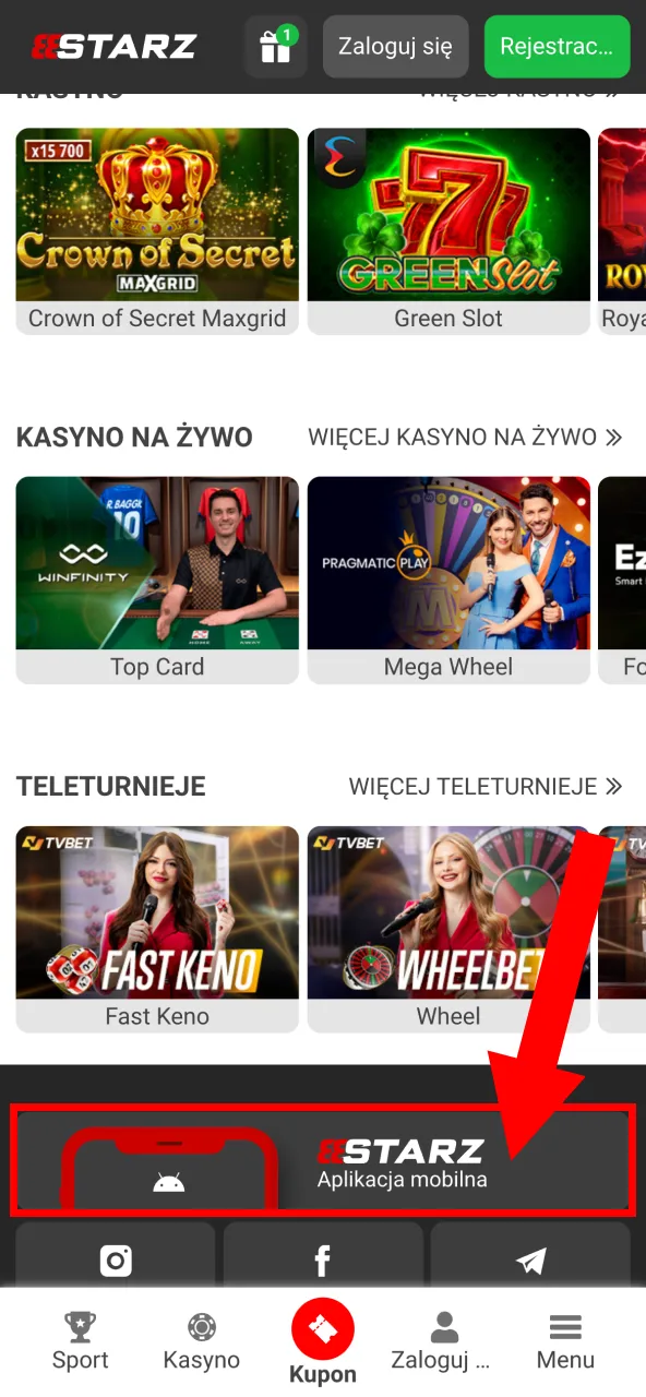 Pobierz aplikację 888starz z górnej części strony.
