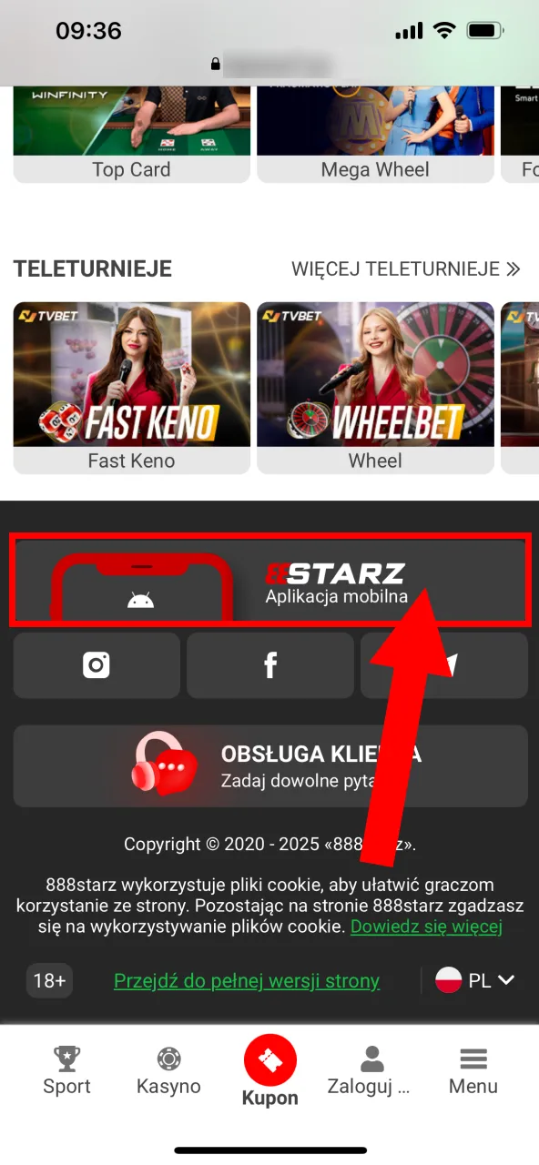 Sekcja mobilna 888starz dostępna po kliknięciu u góry.
