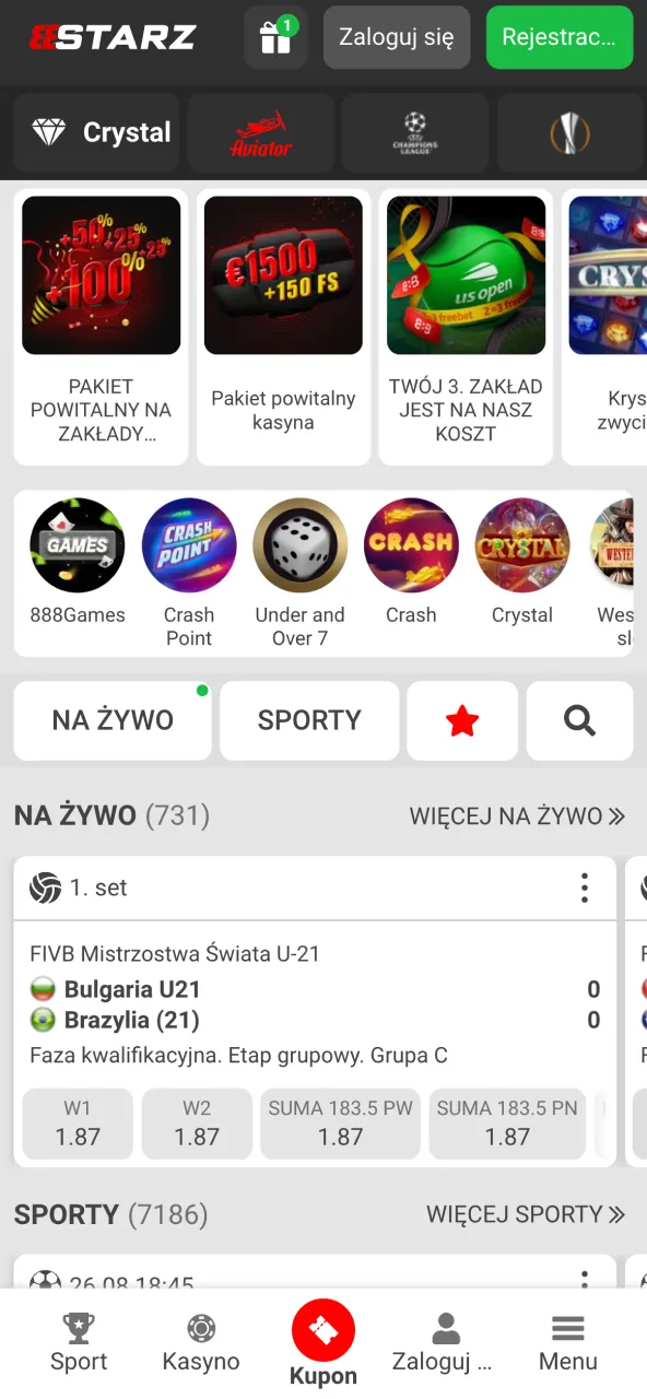 Główny ekran aplikacji 888starz z dostępem do kasyna, zakładów.