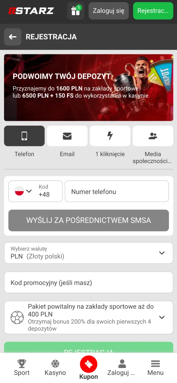 Okno rejestracji 888starz z wyborem metody i formularzem danych osobowych.