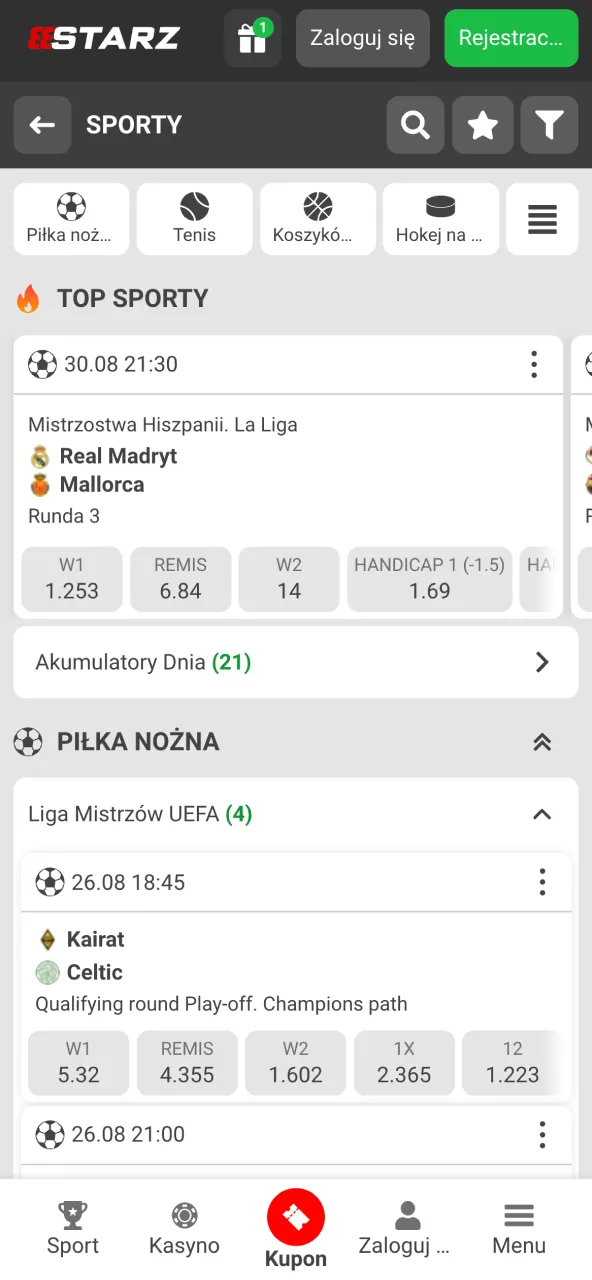 Sekcja sportowa 888starz z zakładami na mecze, turnieje i wydarzenia na żywo.