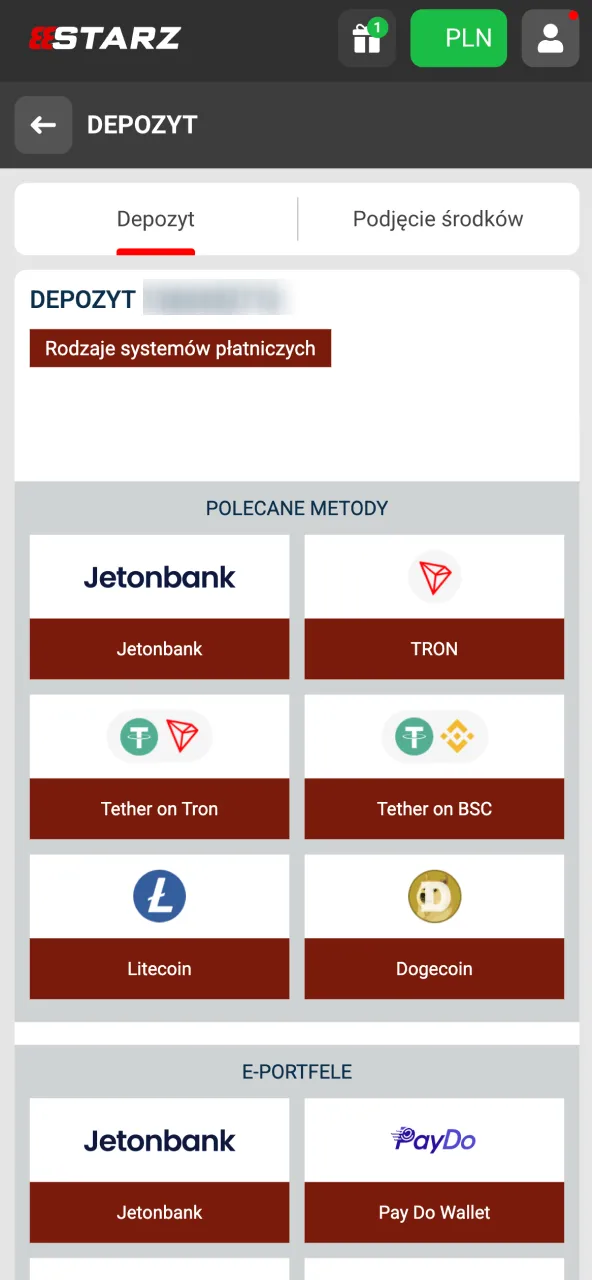 Wybierz sposób płatności i przelej środki na 888starz.