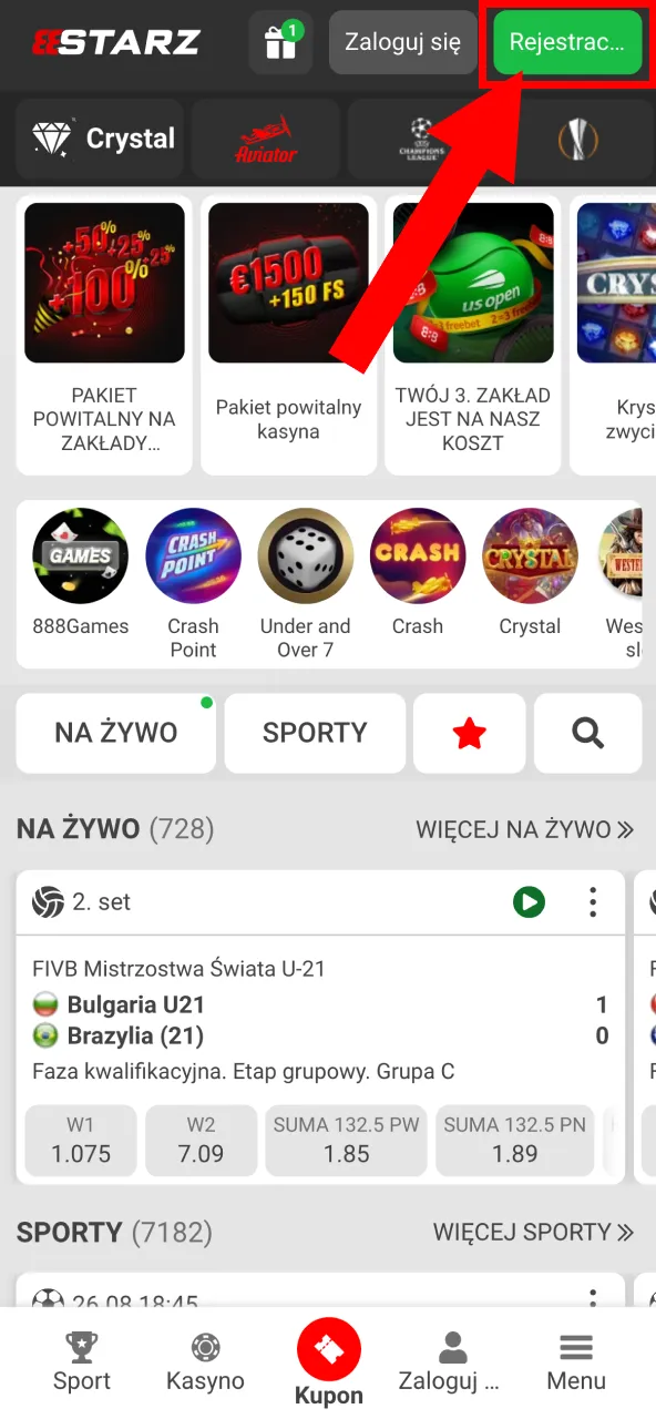 Otwórz formularz rejestracyjny na 888starz przez przycisk u góry.