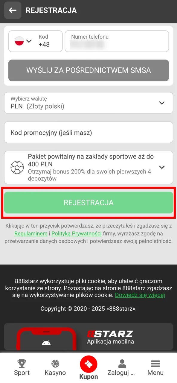 Utwórz profil na 888starz, wpisując dane i ustawiając walutę PLN.