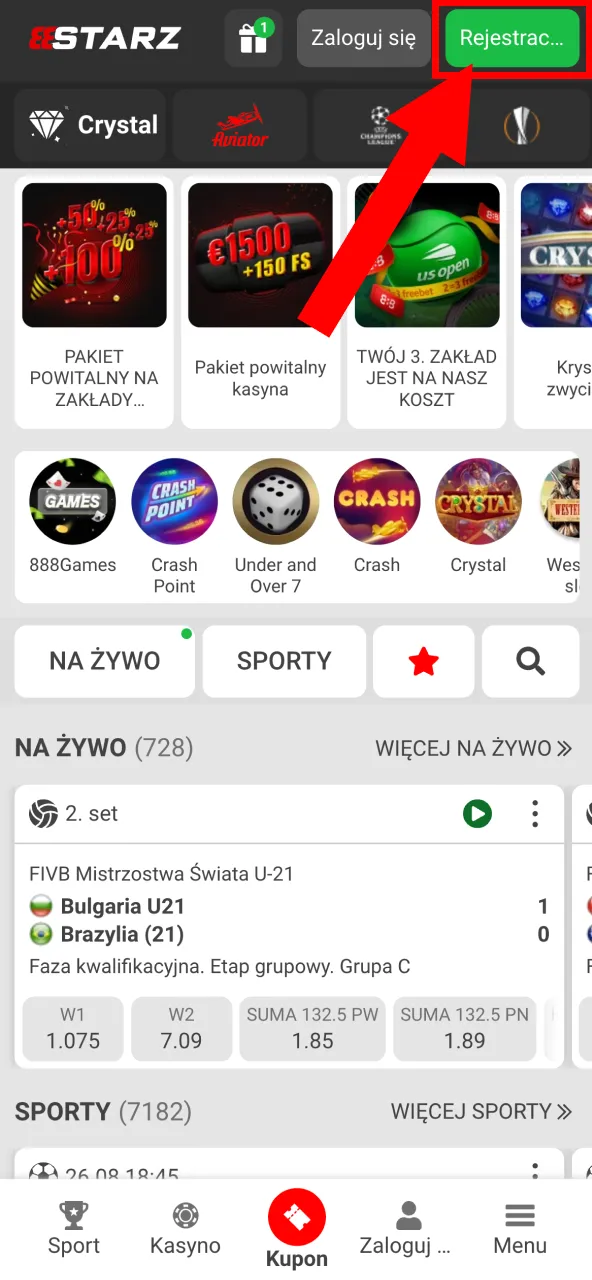 Otwórz witrynę 888starz i wybierz Rejestracja w górnym rogu ekranu.
