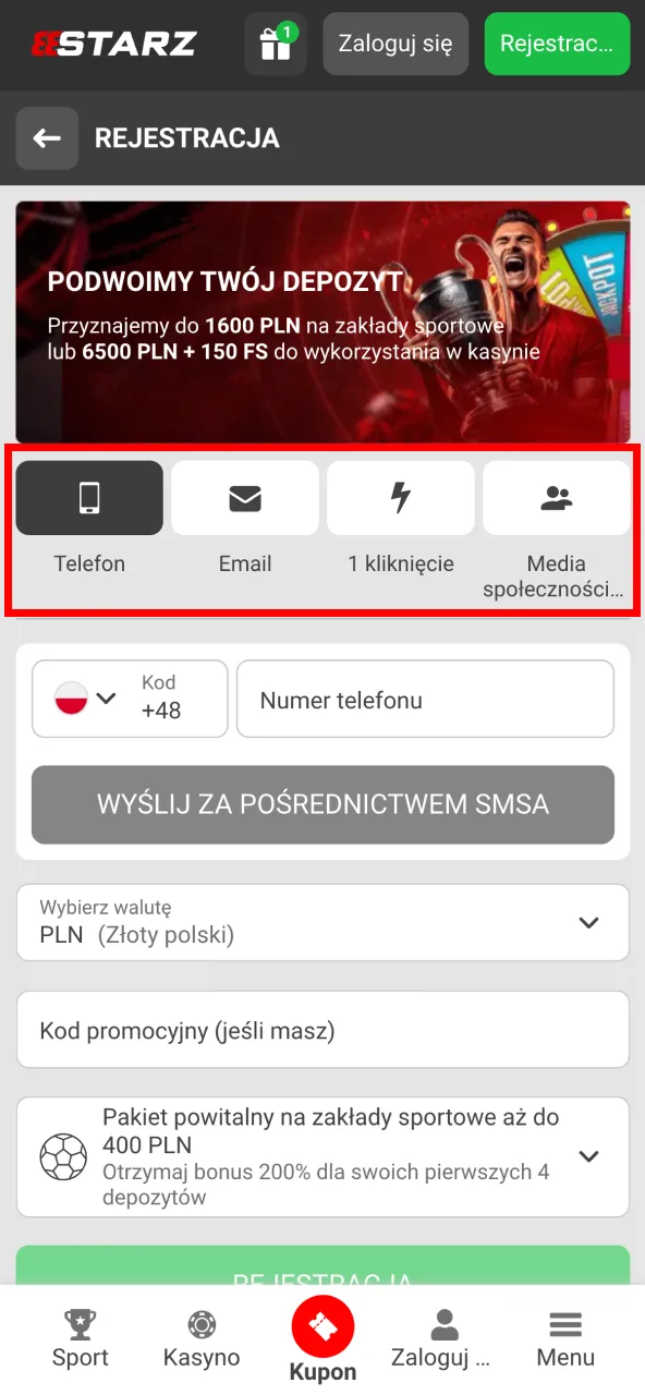 Zarejestruj się na 888starz wybraną metodą.
