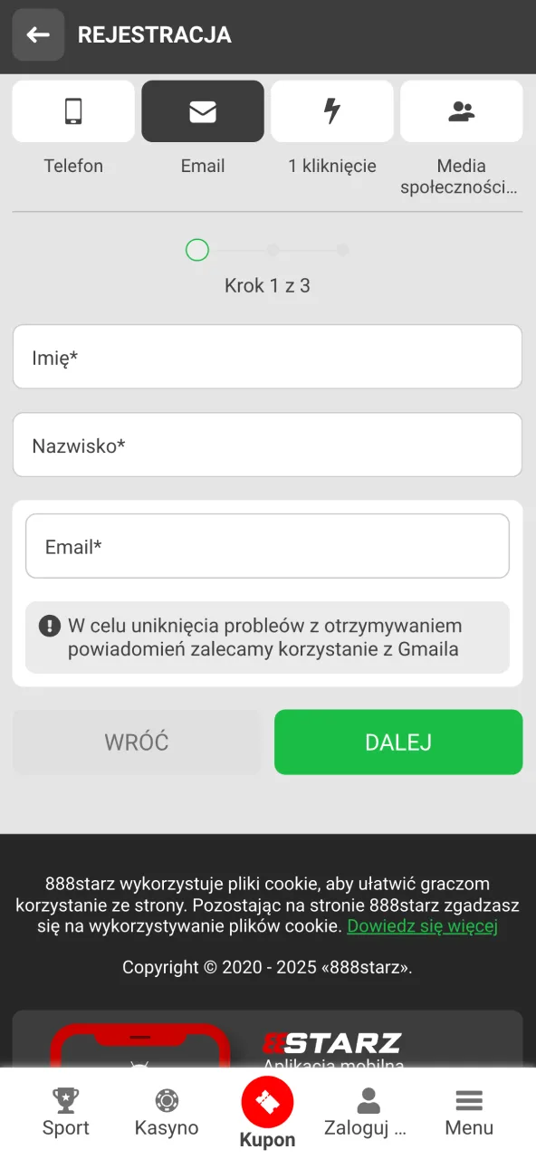 Podaj wymagane informacje na 888starz, by kontynuować.
