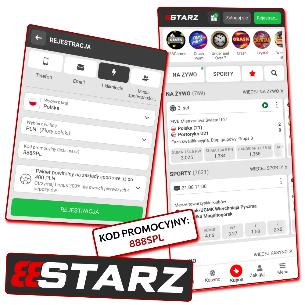 Bonus sportowy 888starz aktywowany kodem promocyjnym.