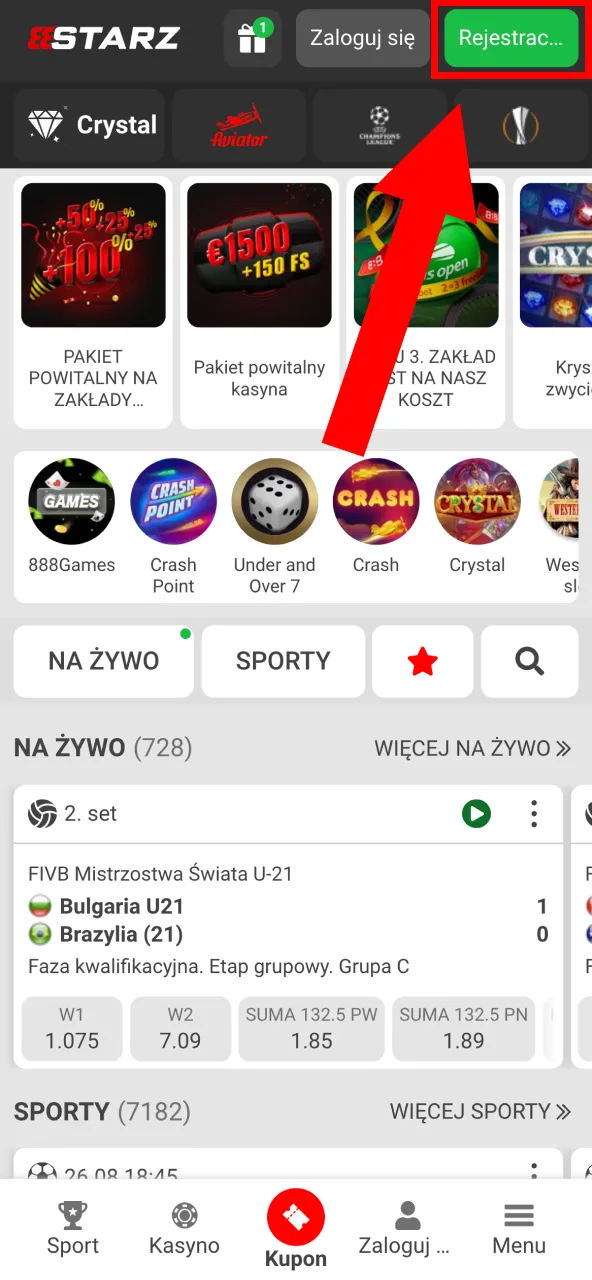 Rejestracja w 888starz przez główny ekran.