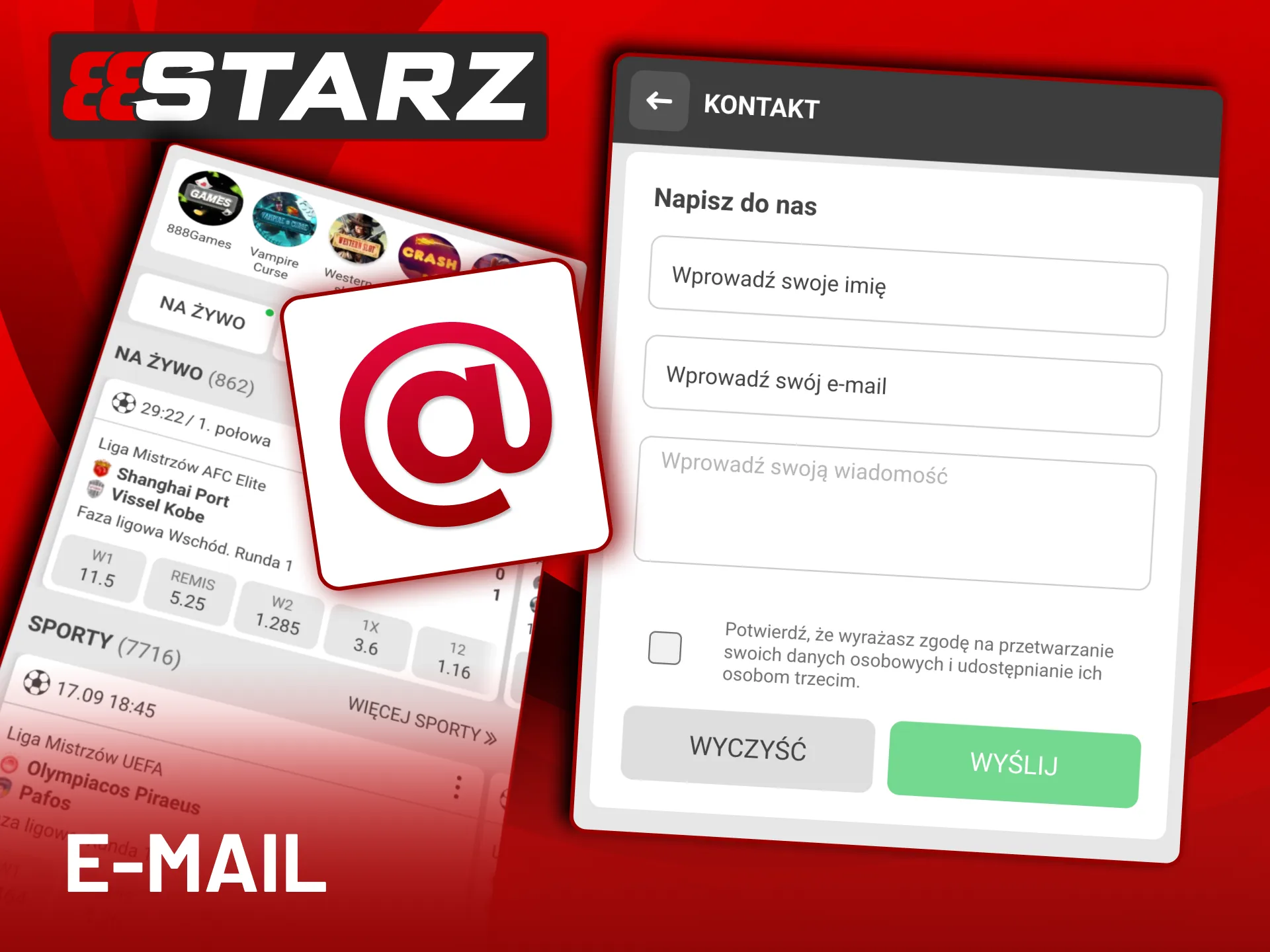 Dział wsparcia 888Starz obsługuje zapytania przez e-mail.