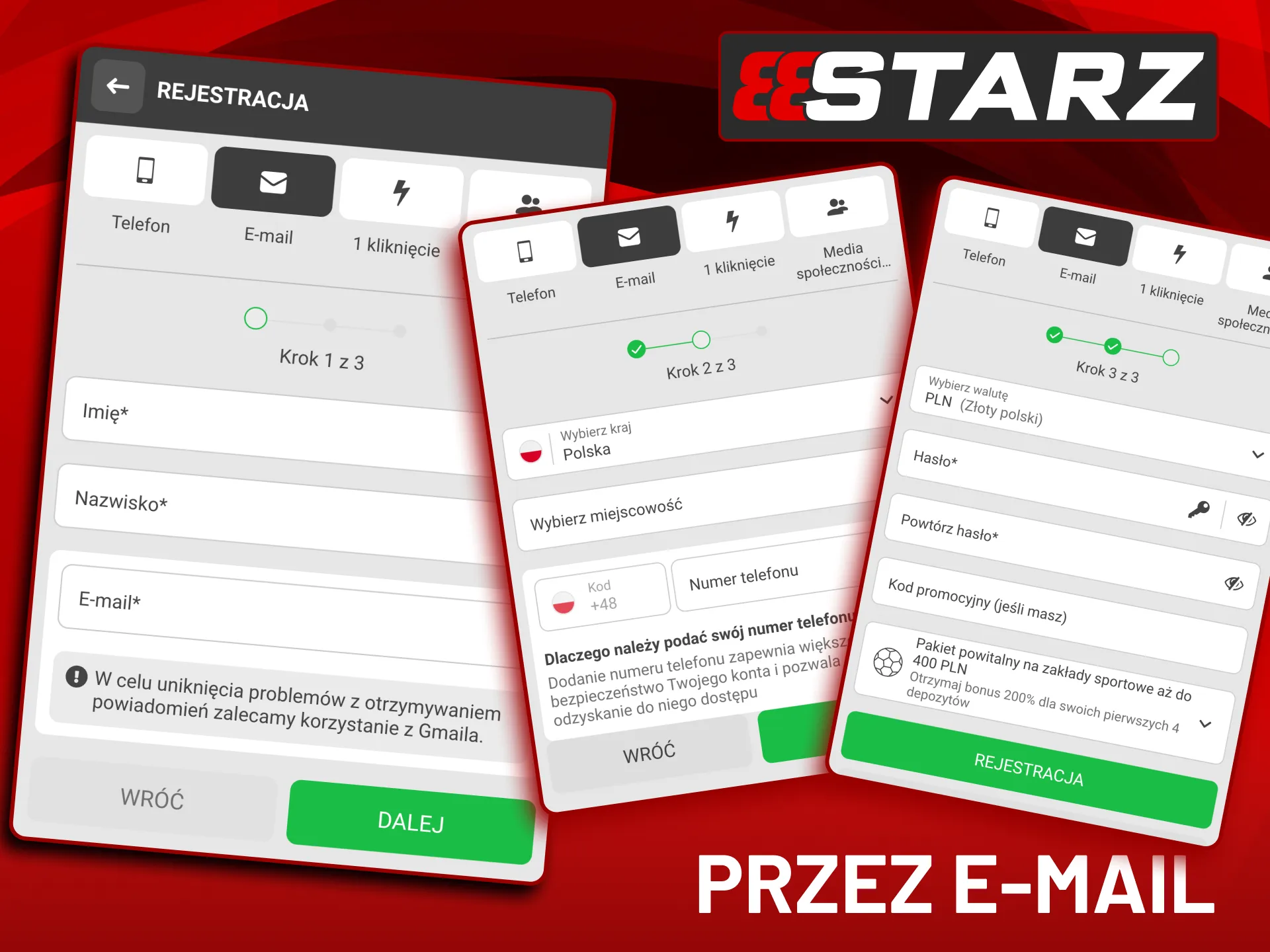 888Starz umożliwia szczegółowe założenie konta metodą e-mailową.